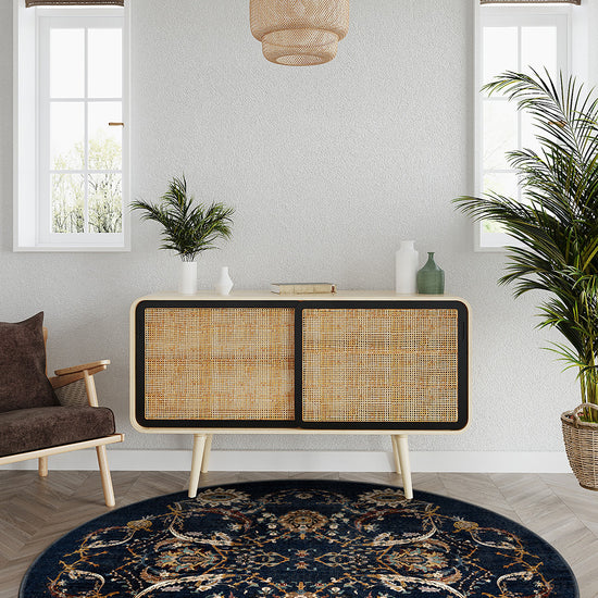 Navy round rug for living room.