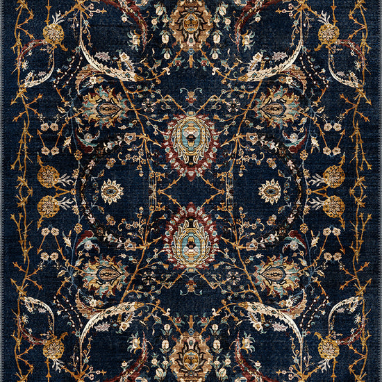 Navy floral rug with royal pattern