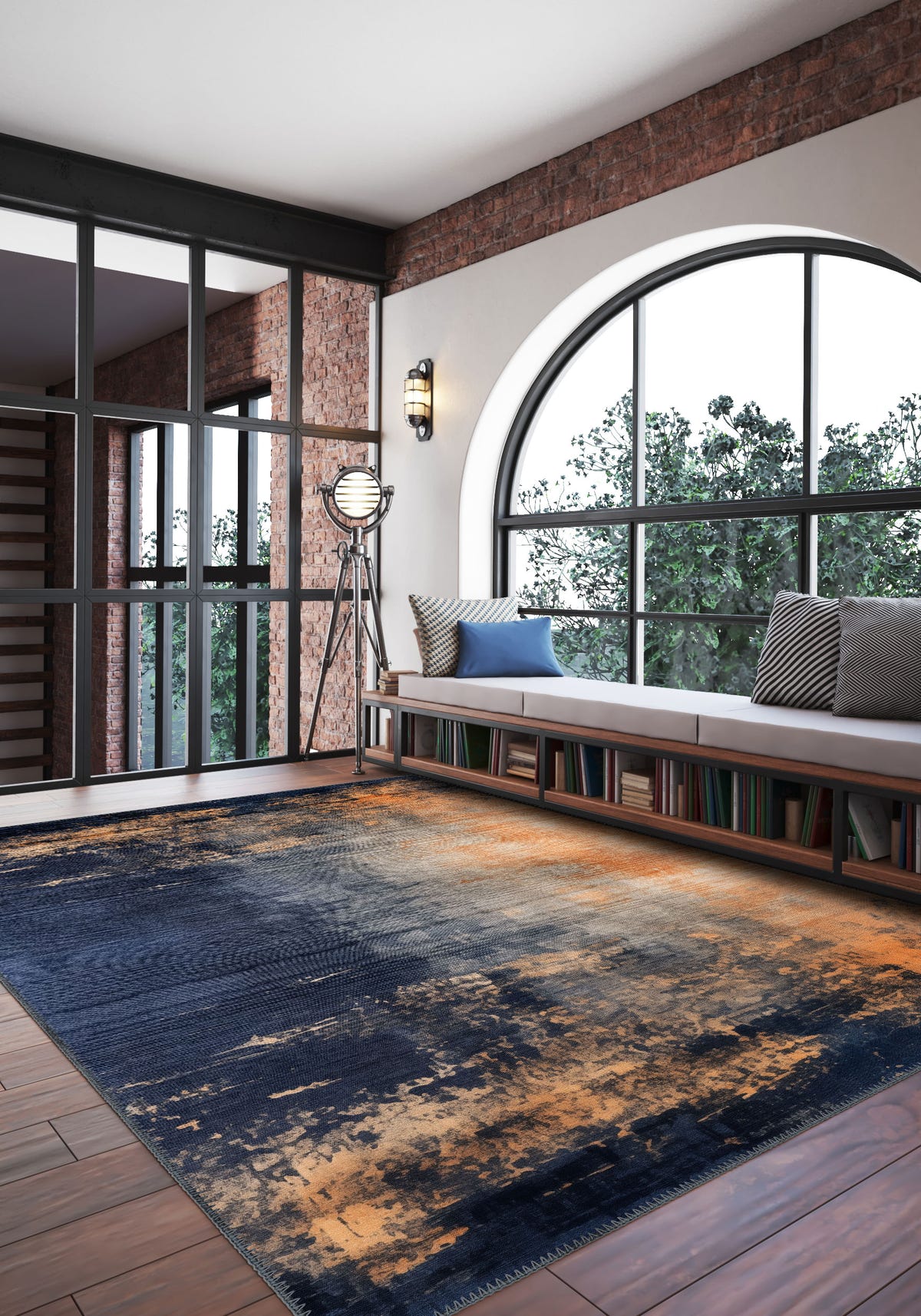 Gabriella Blue Orange Abstract Washable Rug
