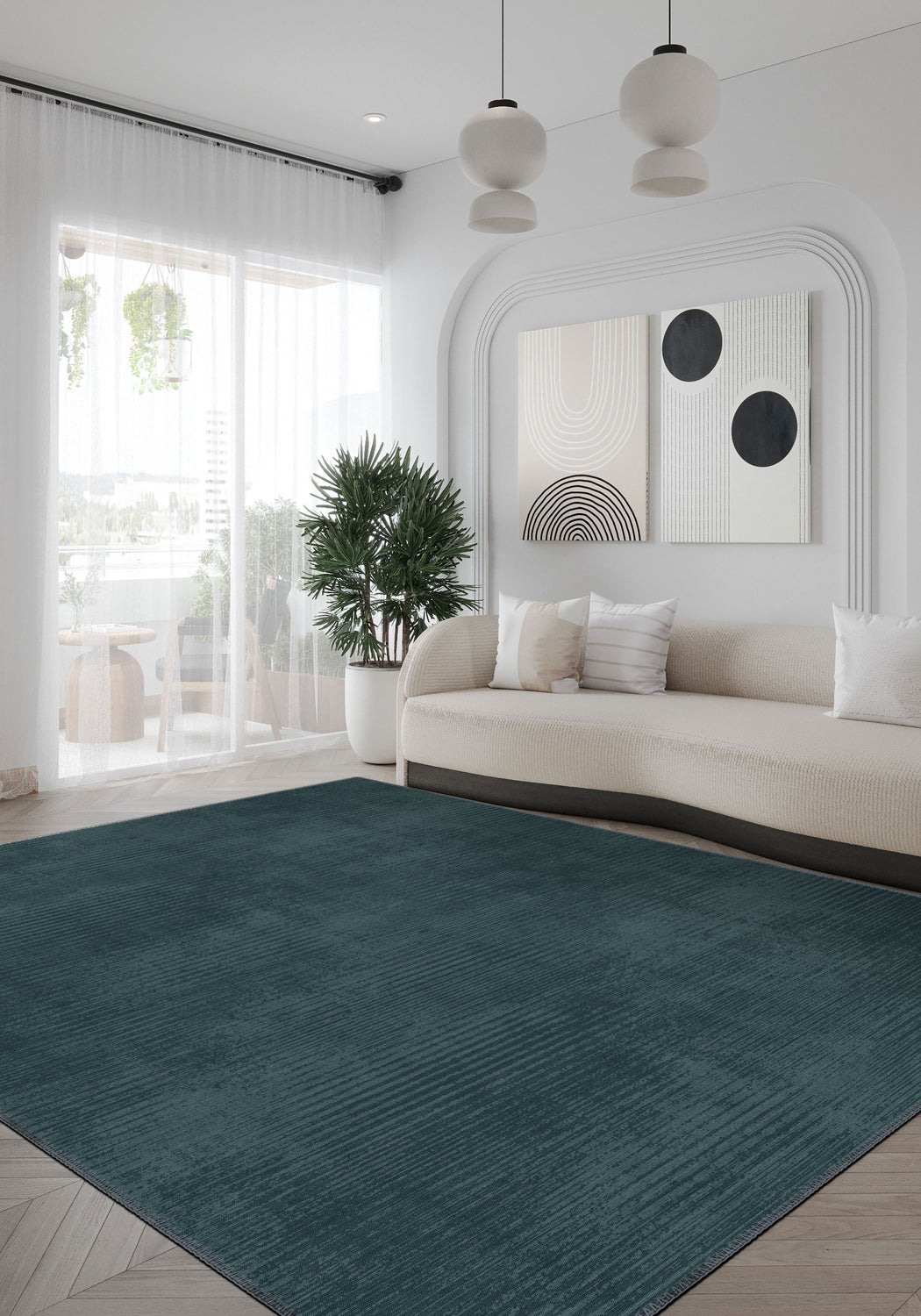 Modern teal rug for living room.