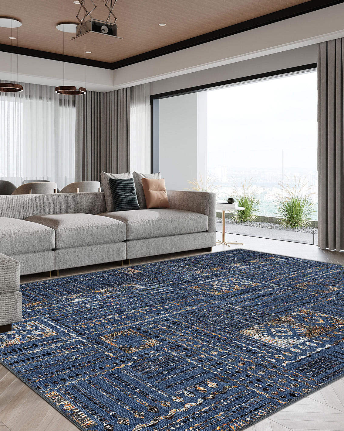 Nora Blue Abstract Washable Rug