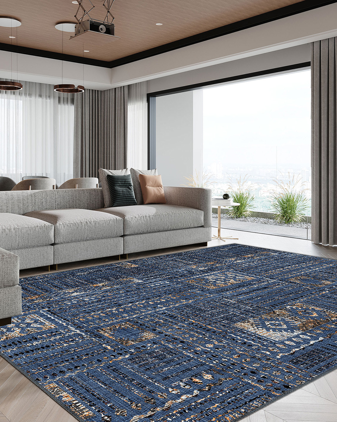 Nora Blue Abstract Washable Rug