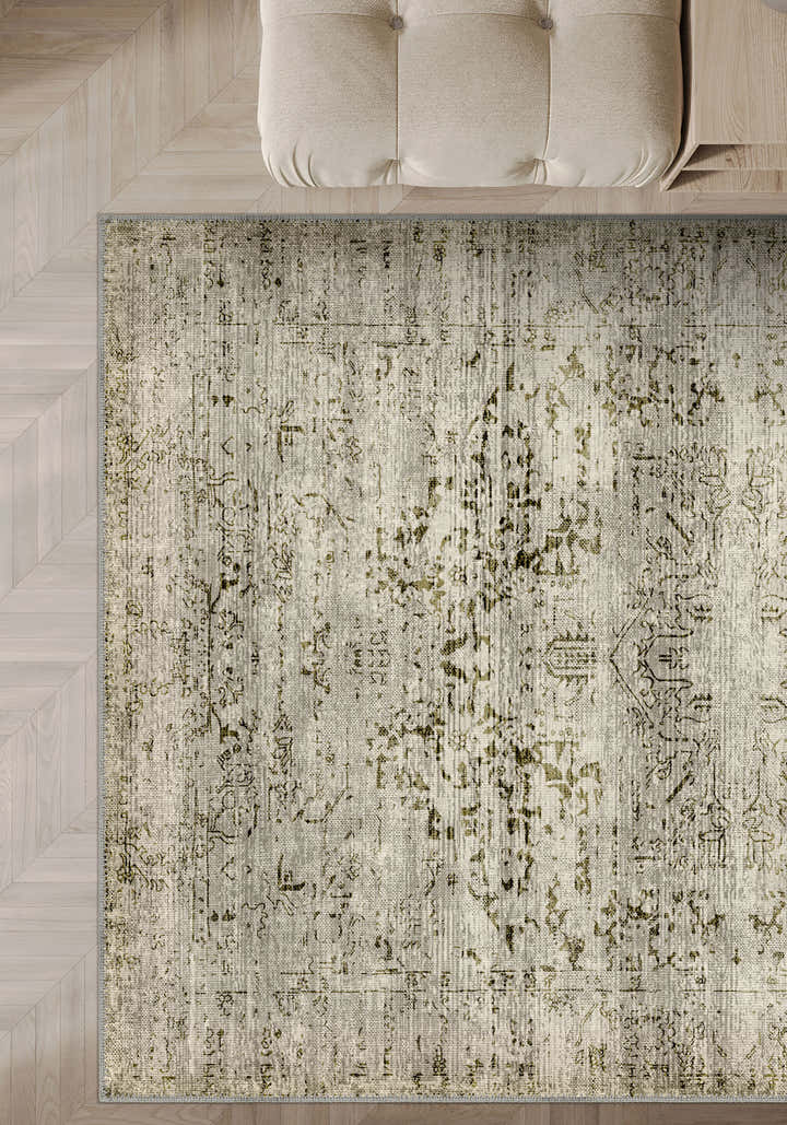 Hudson Green Beige Medallion Washable Rug