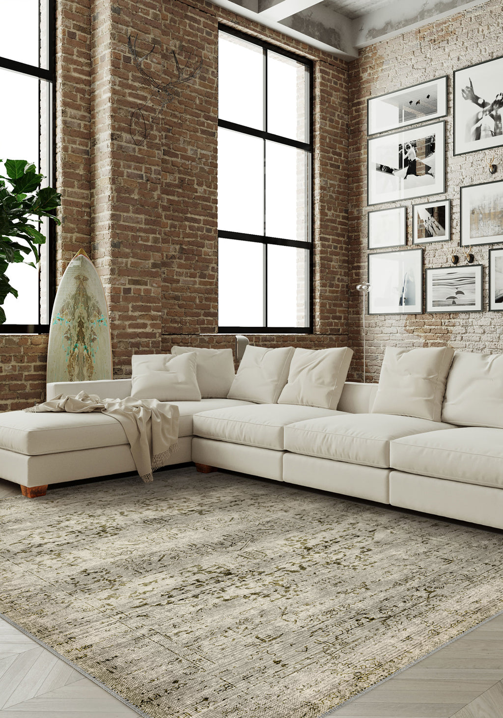 Hudson Green Beige Medallion Washable Rug