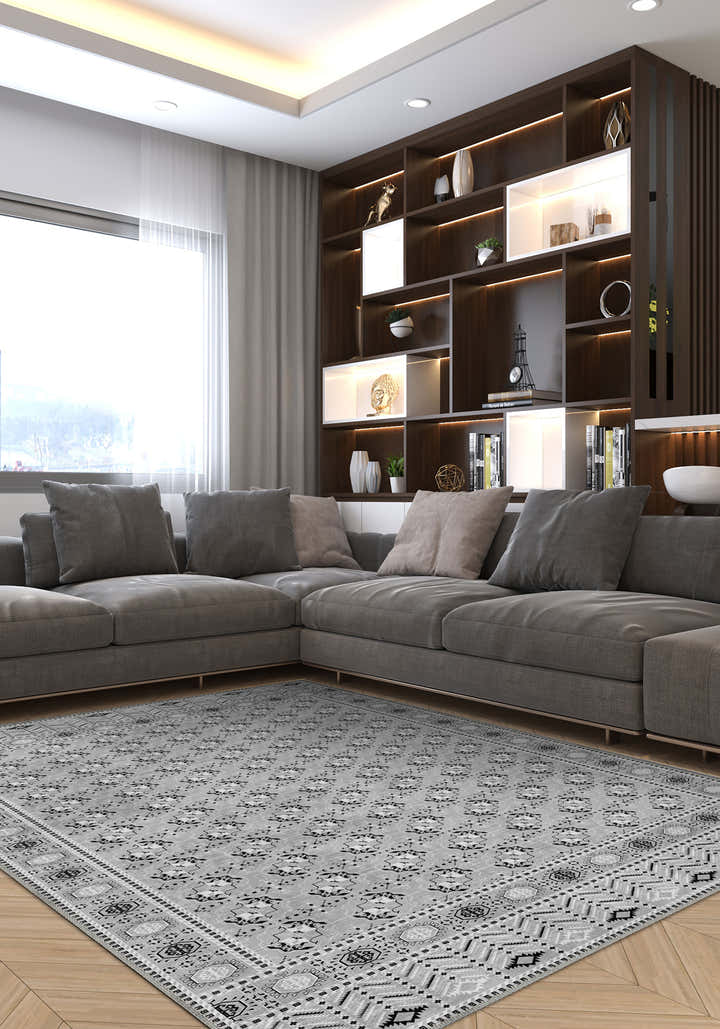 Grey bokhara rug for living room.