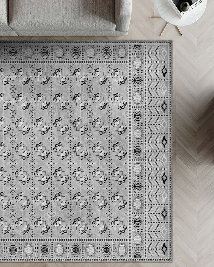 Grey patterned rug for living room.
