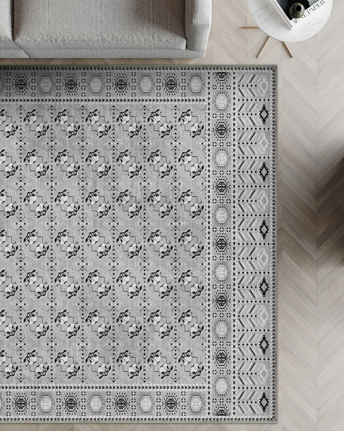 Grey patterned rug for living room.