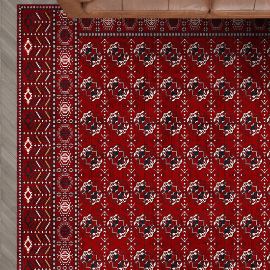 Red bokhara rug for living room.