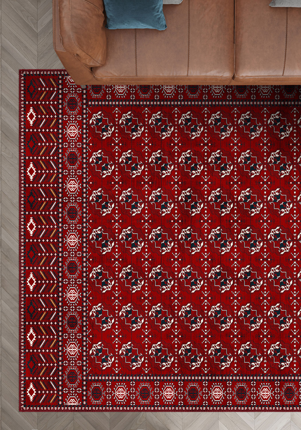Red bokhara rug for living room.