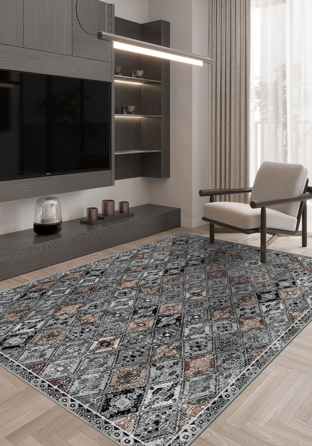 Grey vintage rug for living room.