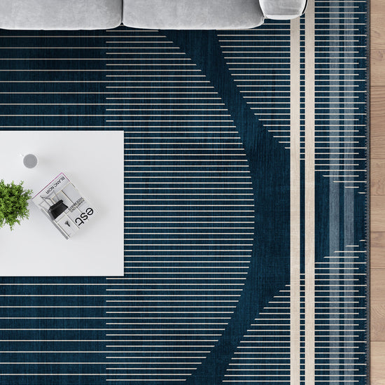 Navy geometric rug for living room.