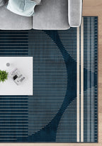 Navy geometric rug for living room.