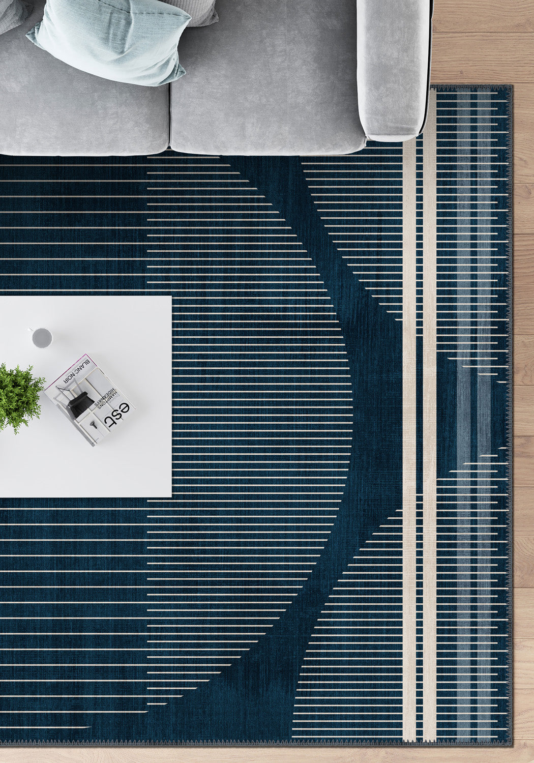 Navy geometric rug for living room.
