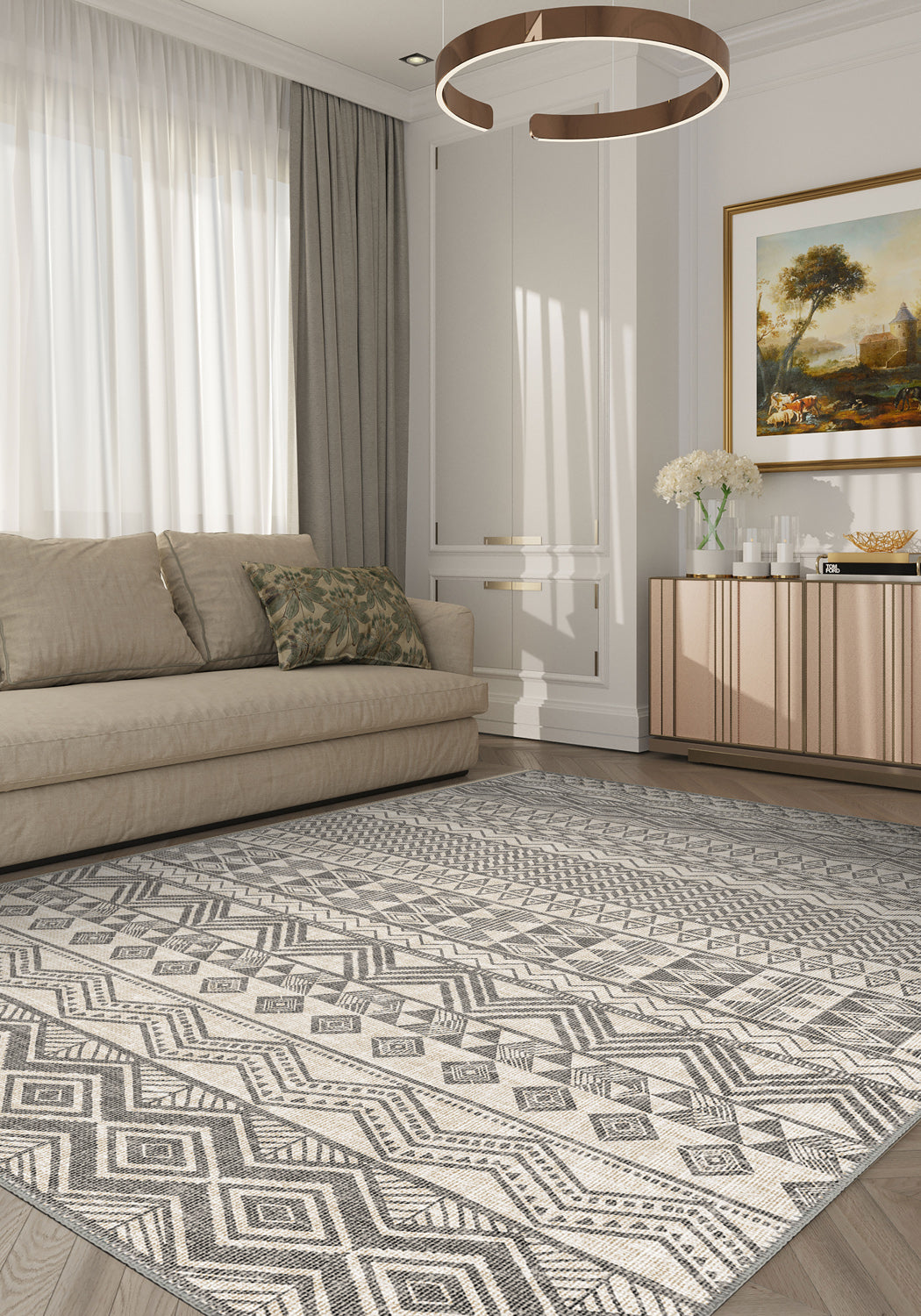 Cream grey scandinavian rug for living room