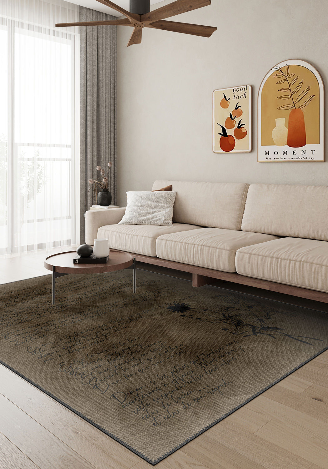 Modern living room with a beige sofa, coffee table, and decorative wall art.