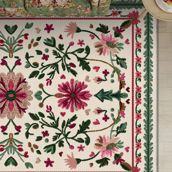 Colorful floral rug for living room.