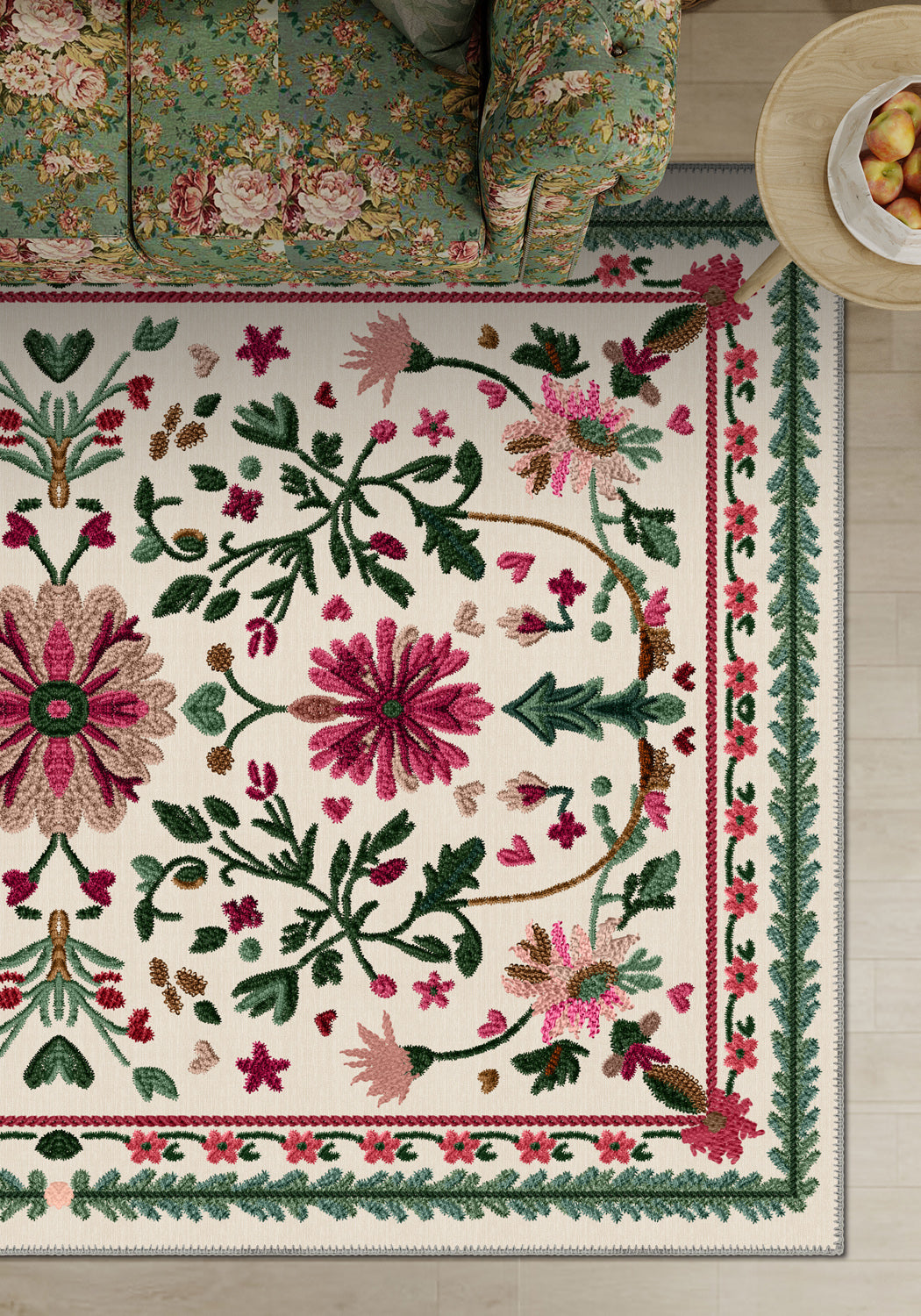 Colorful floral rug for living room.