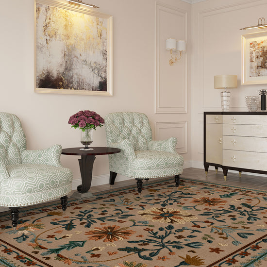Brown floral rug for living room.