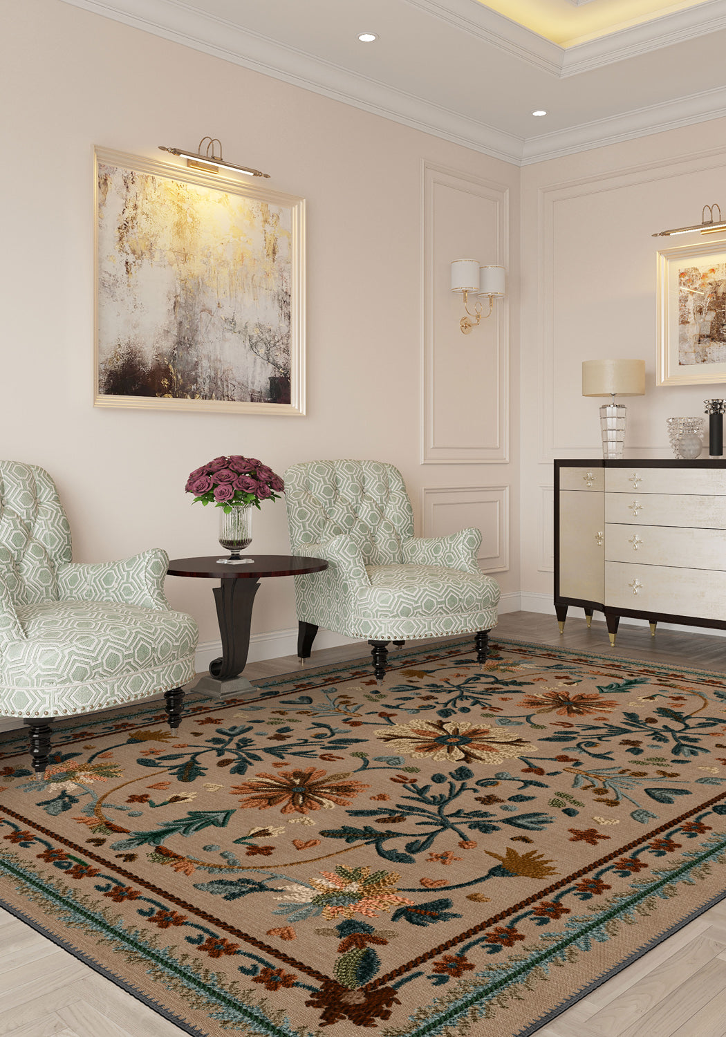 Brown floral rug for living room.