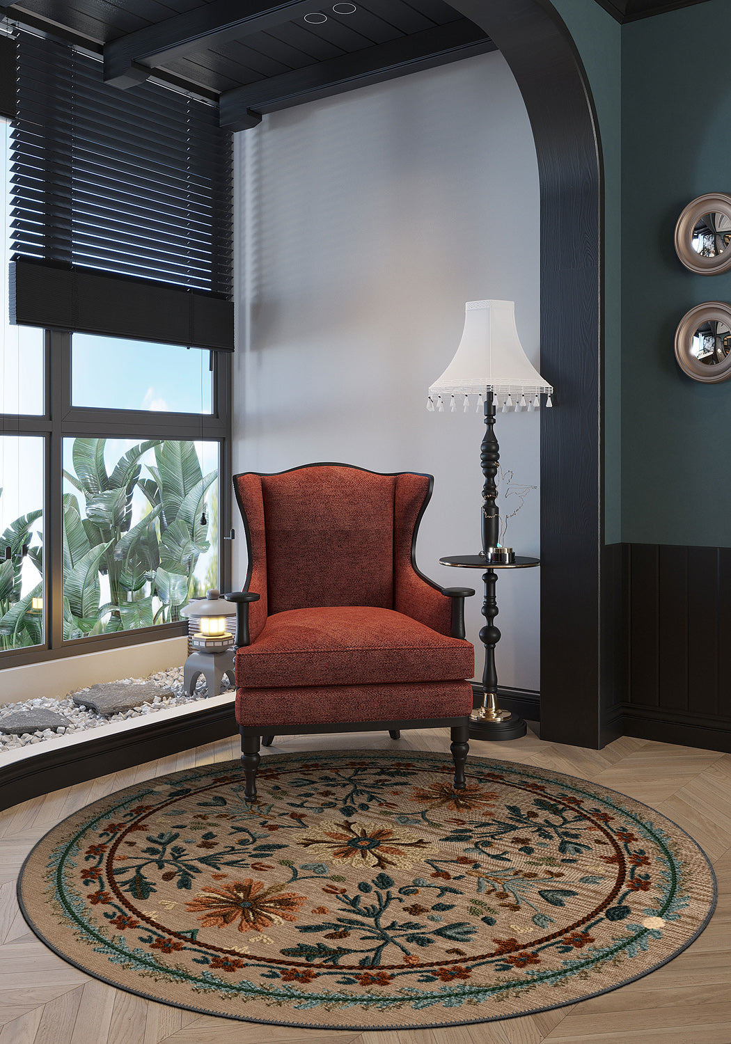 Brown round rug for living room.