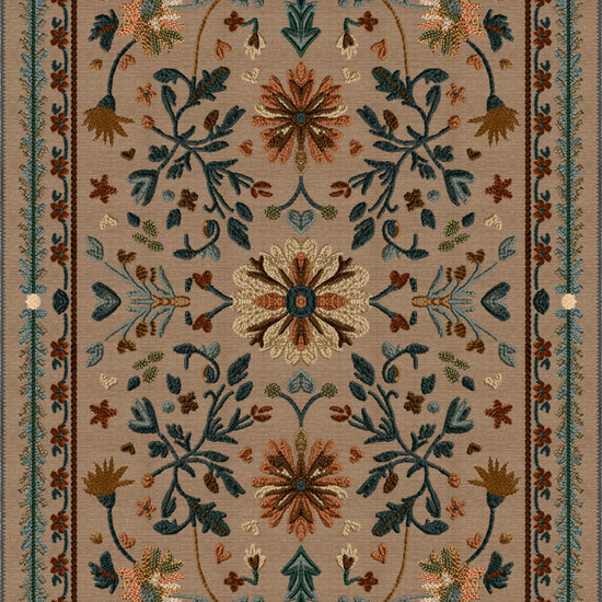 Brown Anatolian rug with floral motifs.