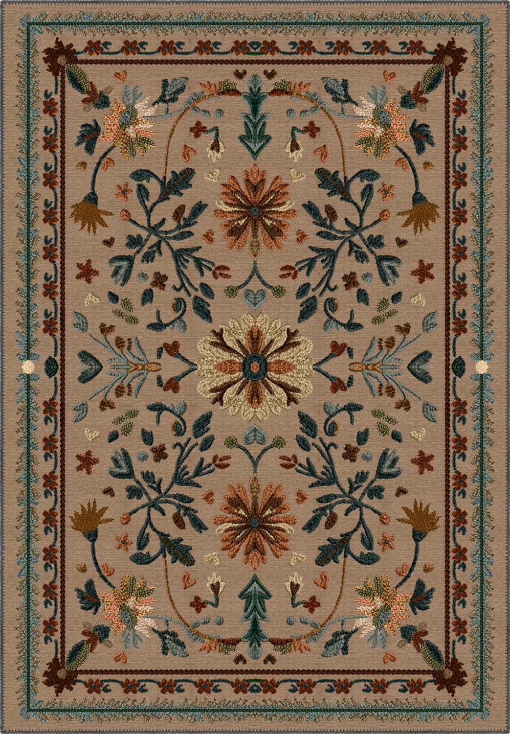 Brown Anatolian rug with floral motifs.