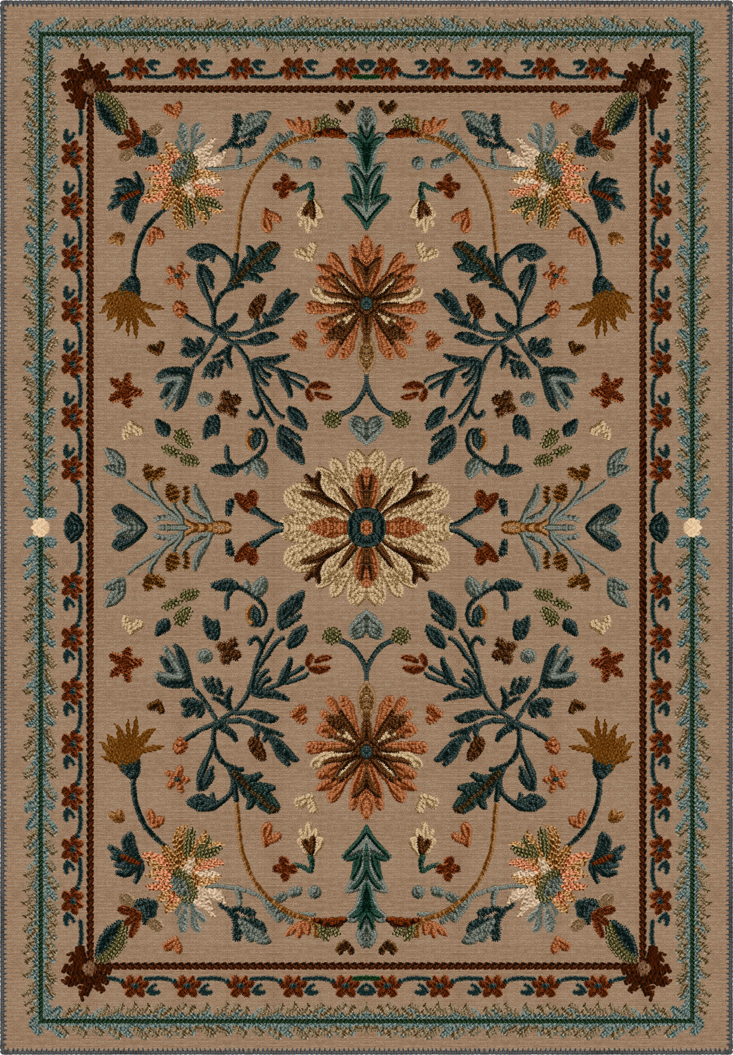 Brown Anatolian rug with floral motifs.