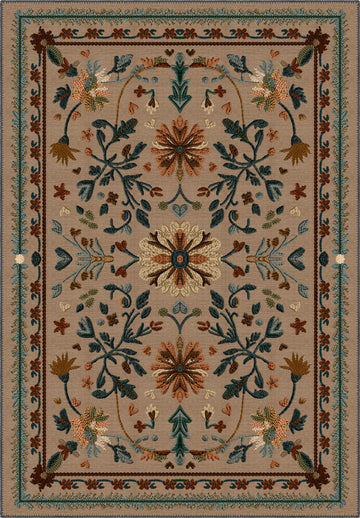 Brown Anatolian rug with floral motifs.