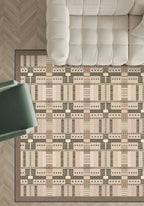 Beige geometric rug on a wooden floor