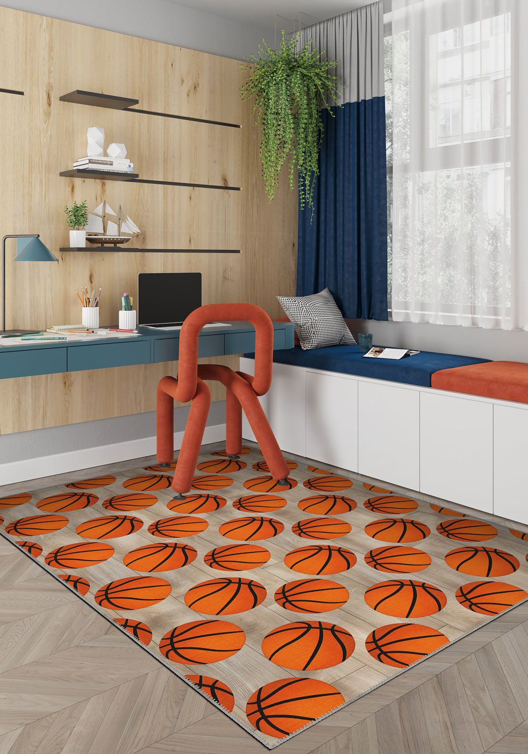 Basketball rug in a kids room.