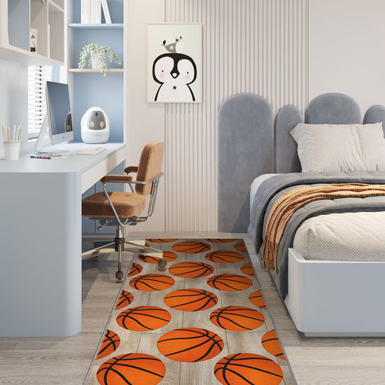 Room interior with a rug featuring basketball pattern, desk, and chair.
