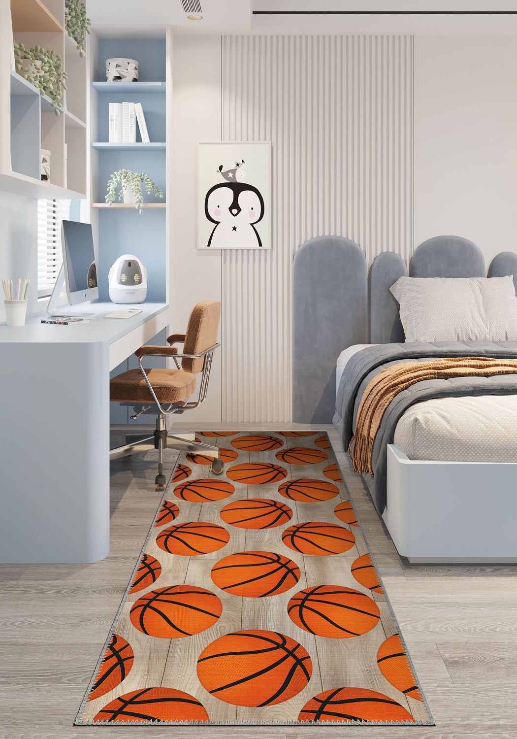 Room interior with a rug featuring basketball pattern, desk, and chair.