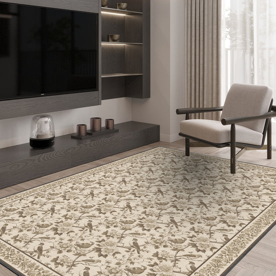 Living room with a patterned rug, TV, and chair.