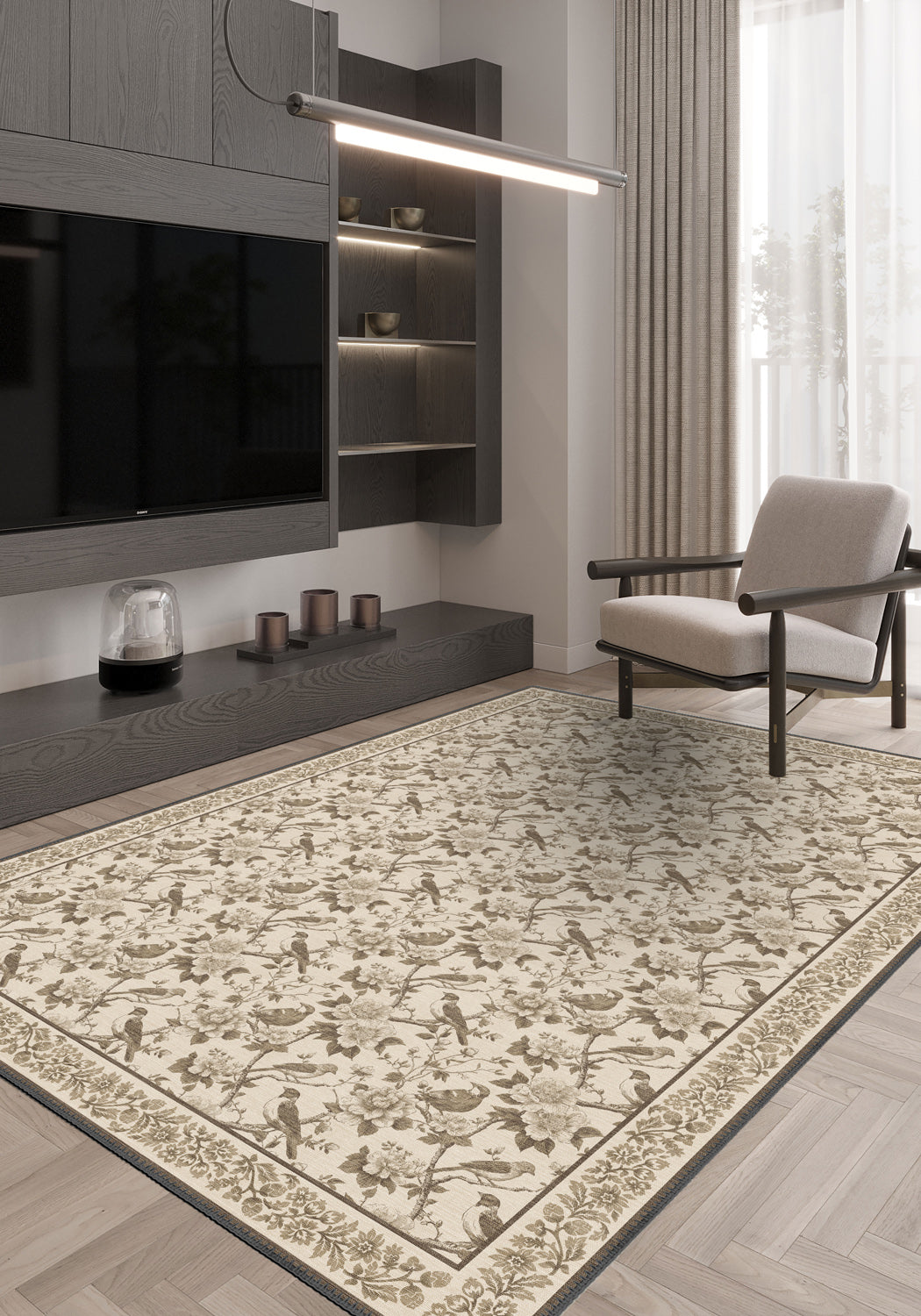 Living room with a patterned rug, TV, and chair.