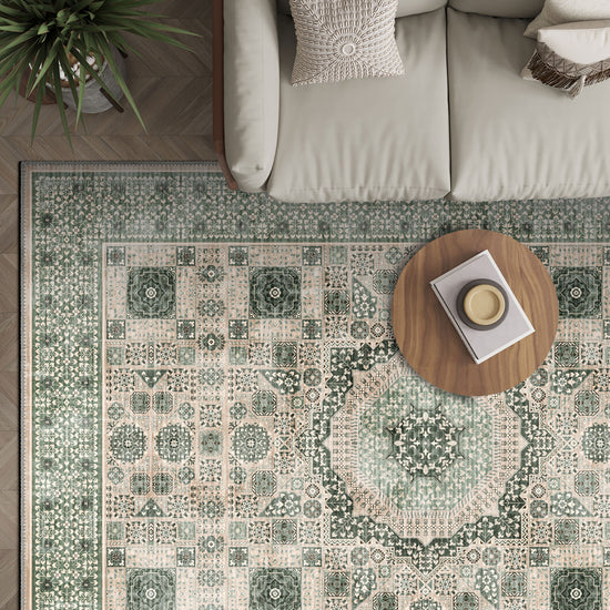 Sage green Mamluk rug for living room.