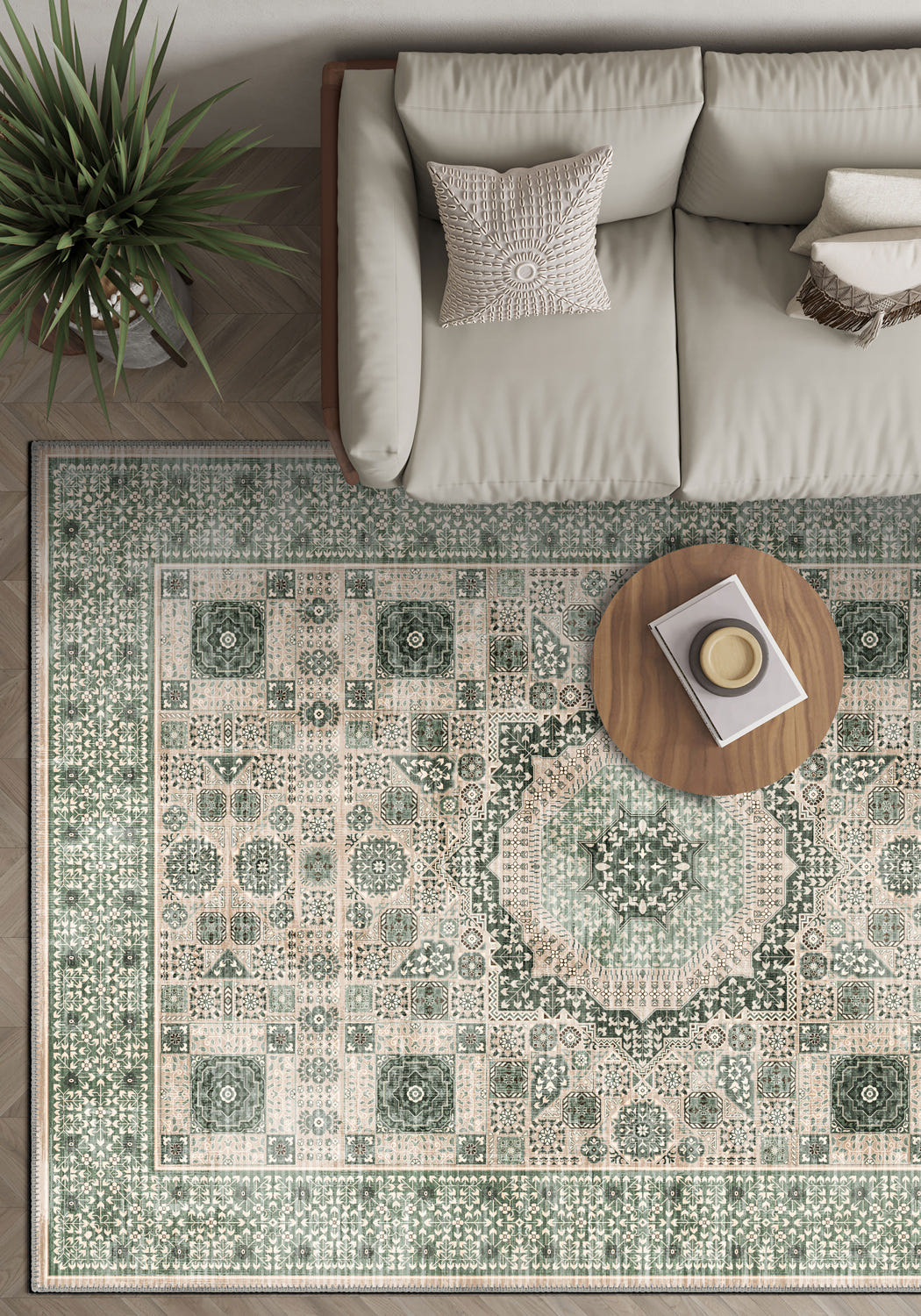 Sage green Mamluk rug for living room.