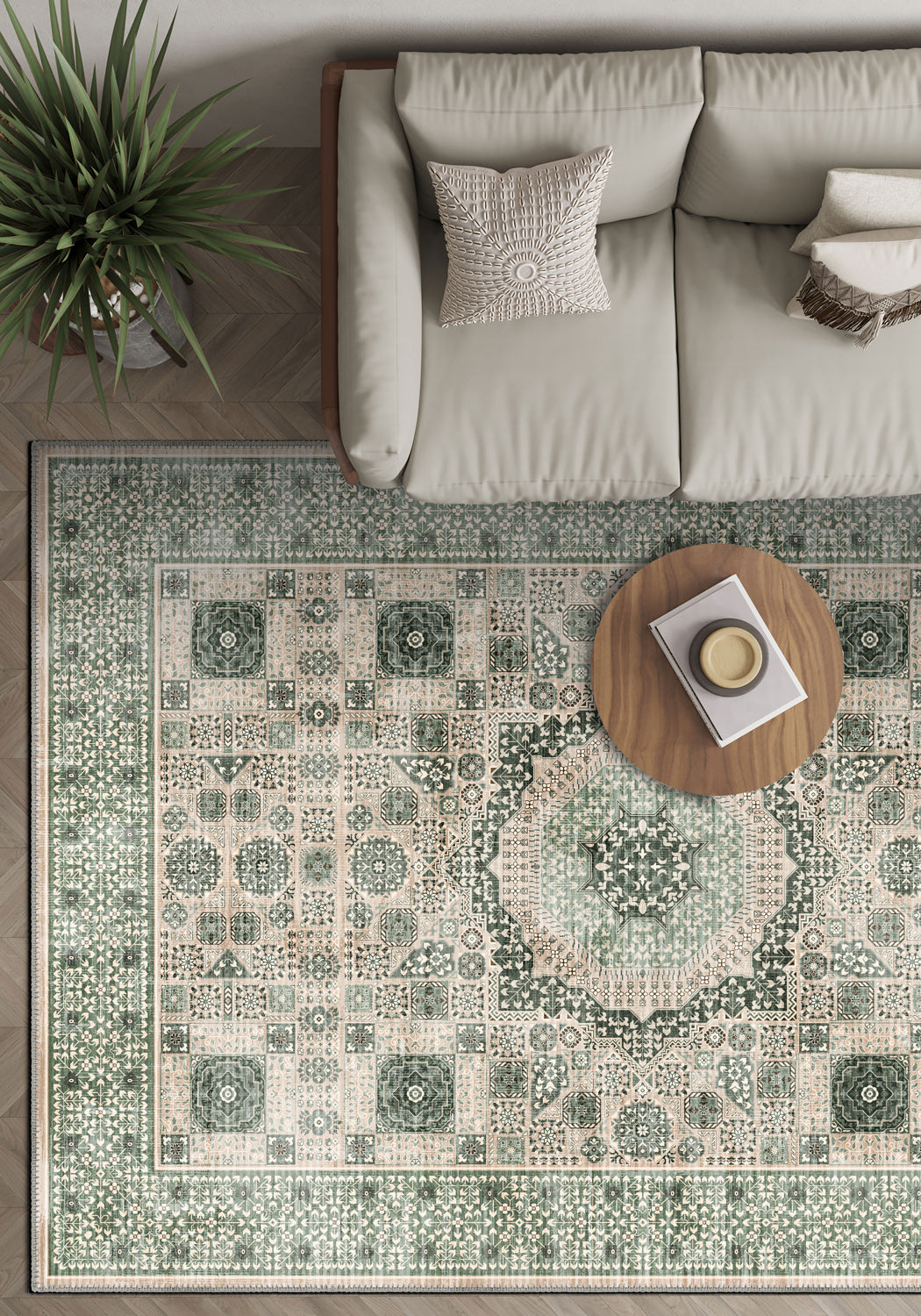 Sage green Mamluk rug for living room.