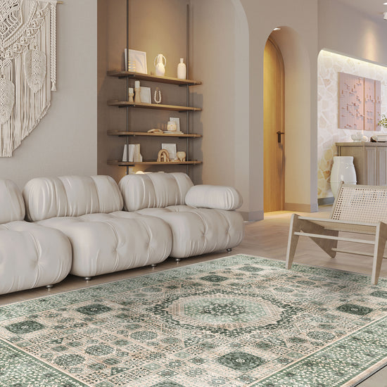 Sage green Persian rug for living room.