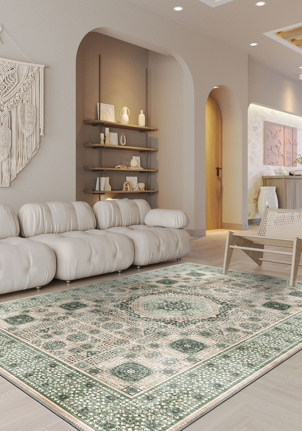 Sage green Persian rug for living room.