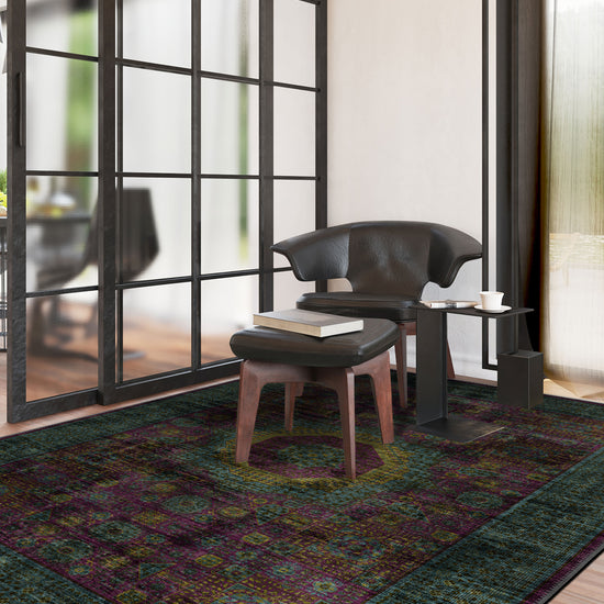 Teal and purple Mamluk rug for living room.