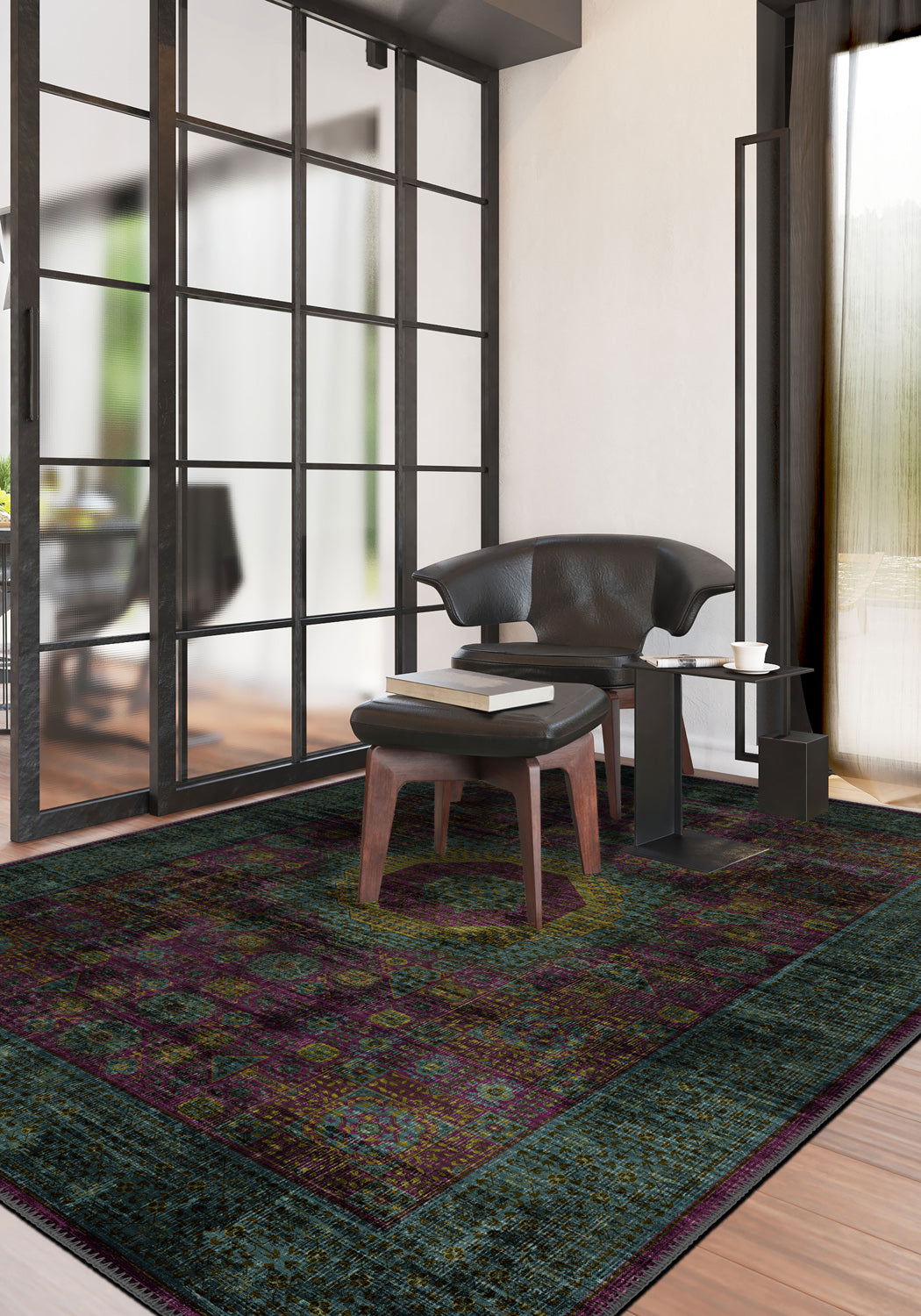 Teal and purple Mamluk rug for living room.