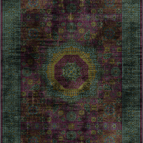 Teal and purple vintage rug for living room.