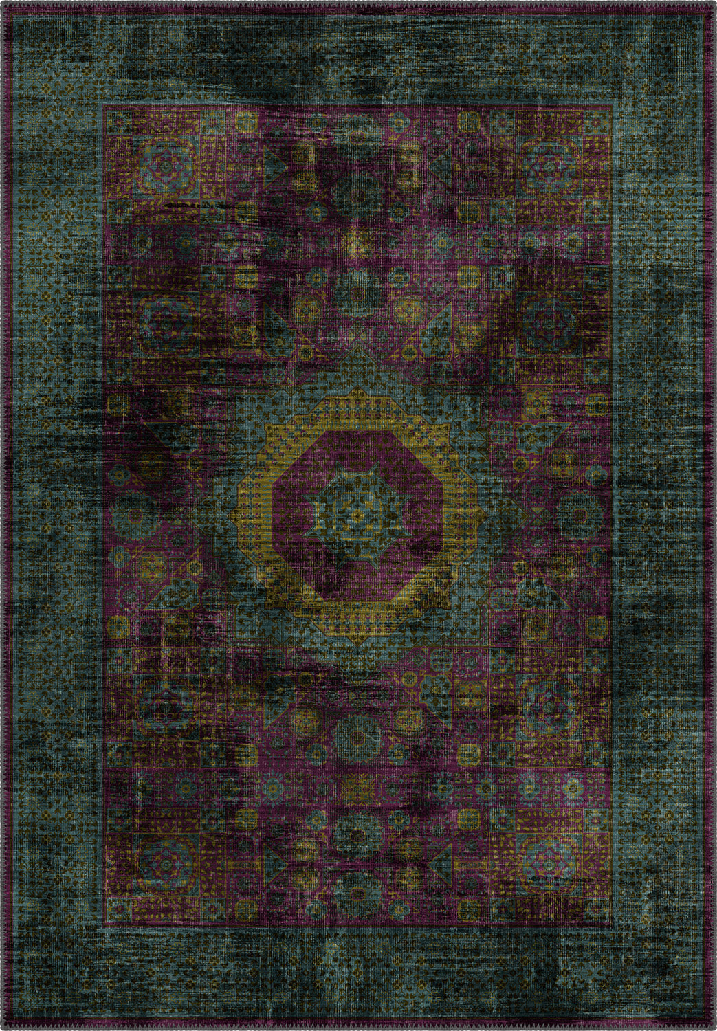 Teal and purple vintage rug for living room.