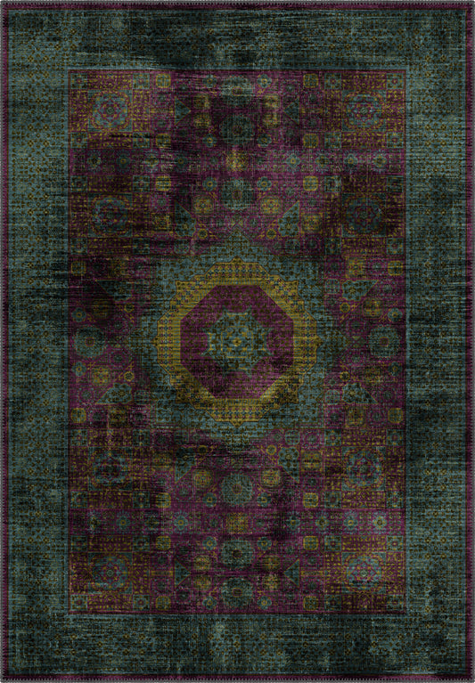 Teal and purple vintage rug for living room.