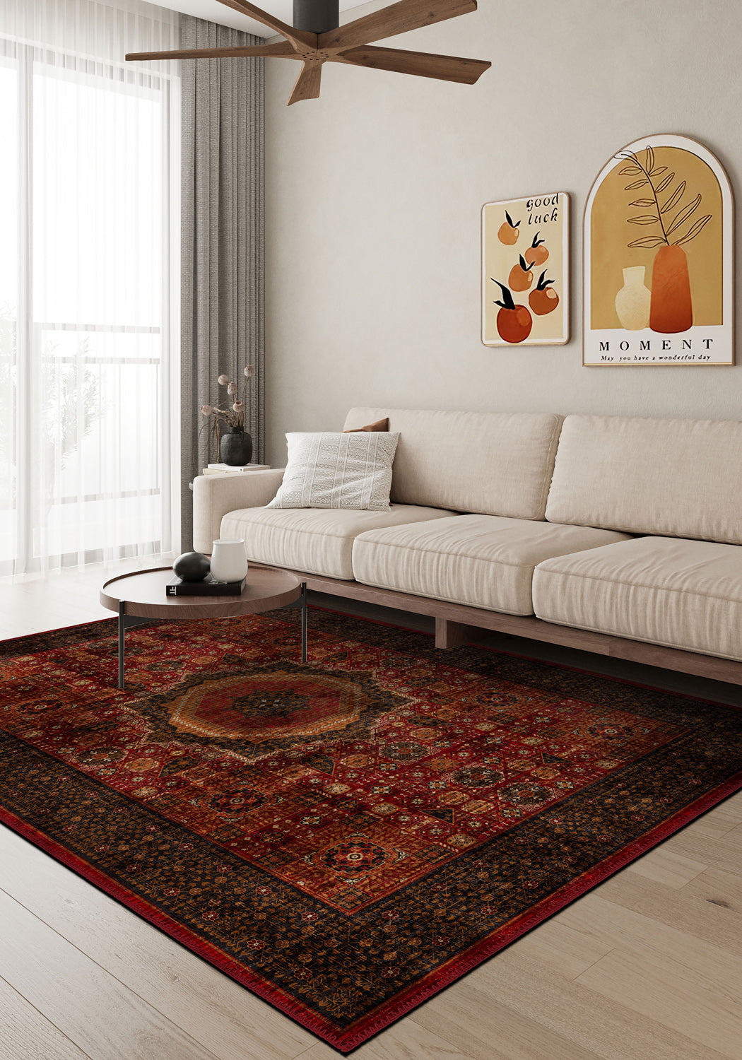 Classic red Persian rug featuring a vintage-inspired design for living room.