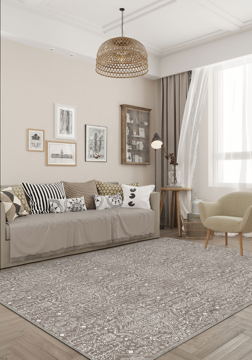 Living room with a patterned rug, sofa, and decorative elements.