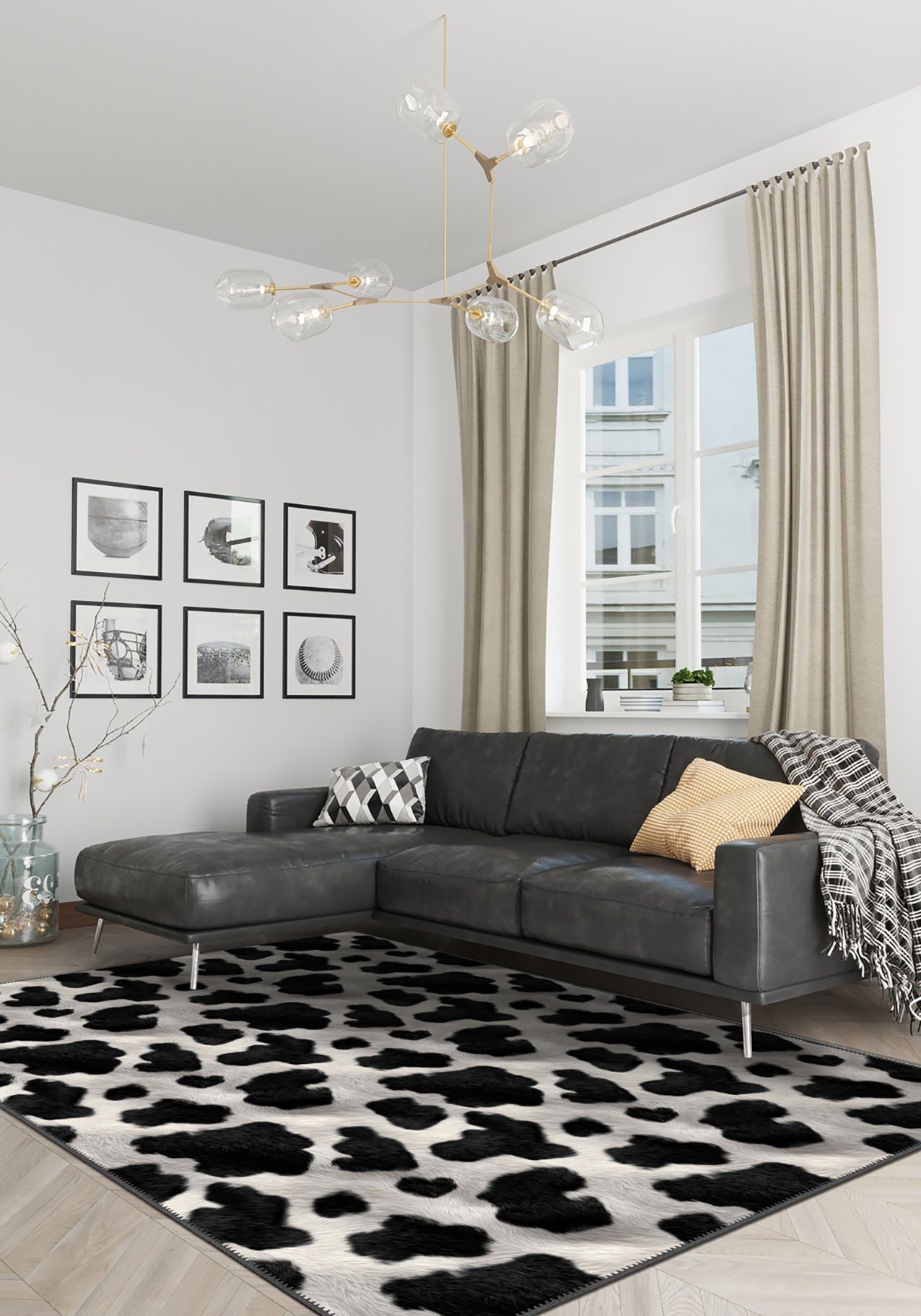 cowhide rug with grey sofa