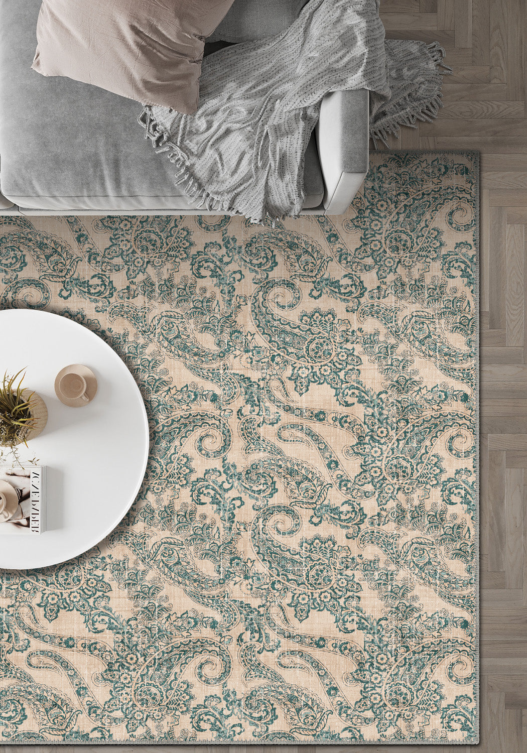 Teal and cream paisley rug for living room.