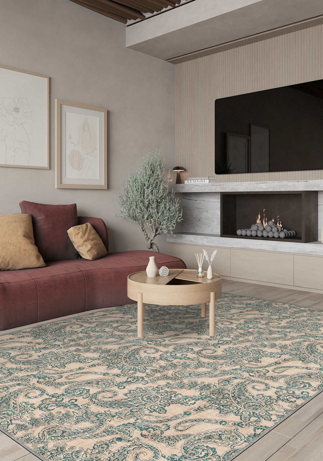 Cream teal paisley rug.