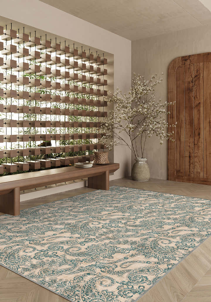 Elena Cream Teal Paisley Rug